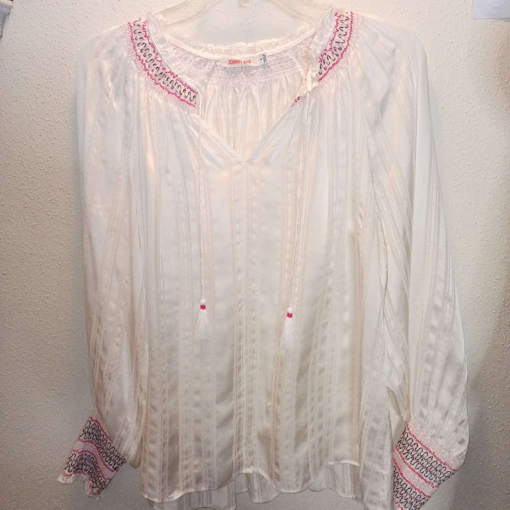 Johnny Was Folk Smocked Silk Blouse Size S.